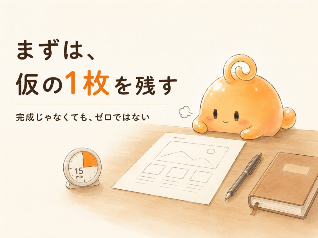 完成ではなく仮のファーストビュー案を1枚残す様子のイラスト