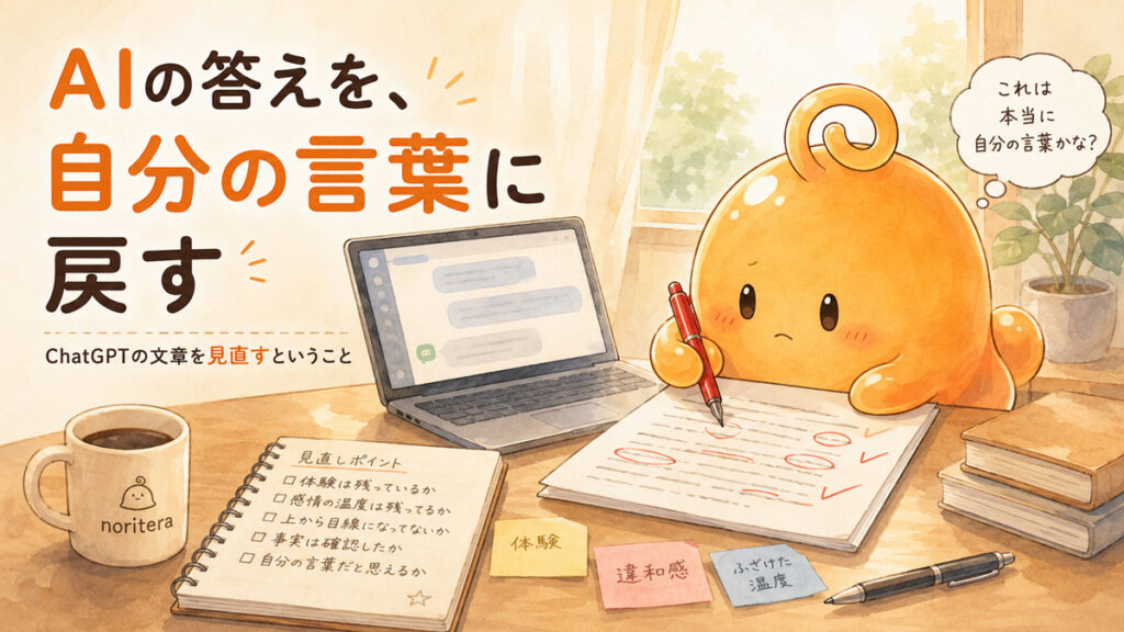 ChatGPTの文章を自分の言葉に戻すために、原稿を見直しているのりてらスライム