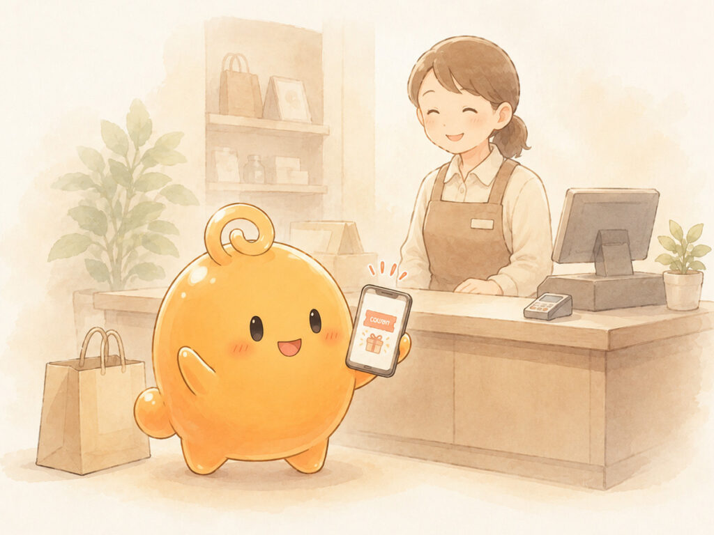 お誕生日クーポンを見せて店員さんに確認するのりてらスライム