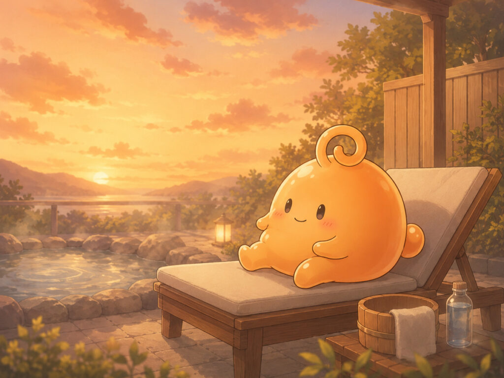 夕暮れの外気浴でオレンジ色の空を眺めるのりてらスライム