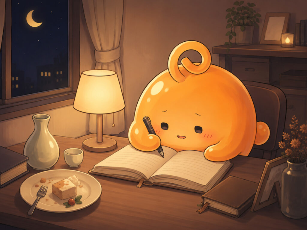 夜の机で誕生日ミッションの日記を書くのりてらスライム