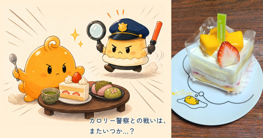 ケーキと和菓子を前にカロリー警察と対峙するのりてらスライムと実際に買った誕生日ケーキ