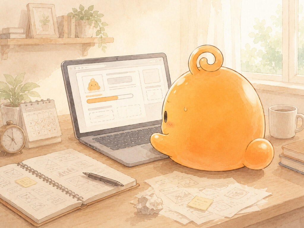 未完成のWebページをノートパソコンで見つめるのりてらスライム