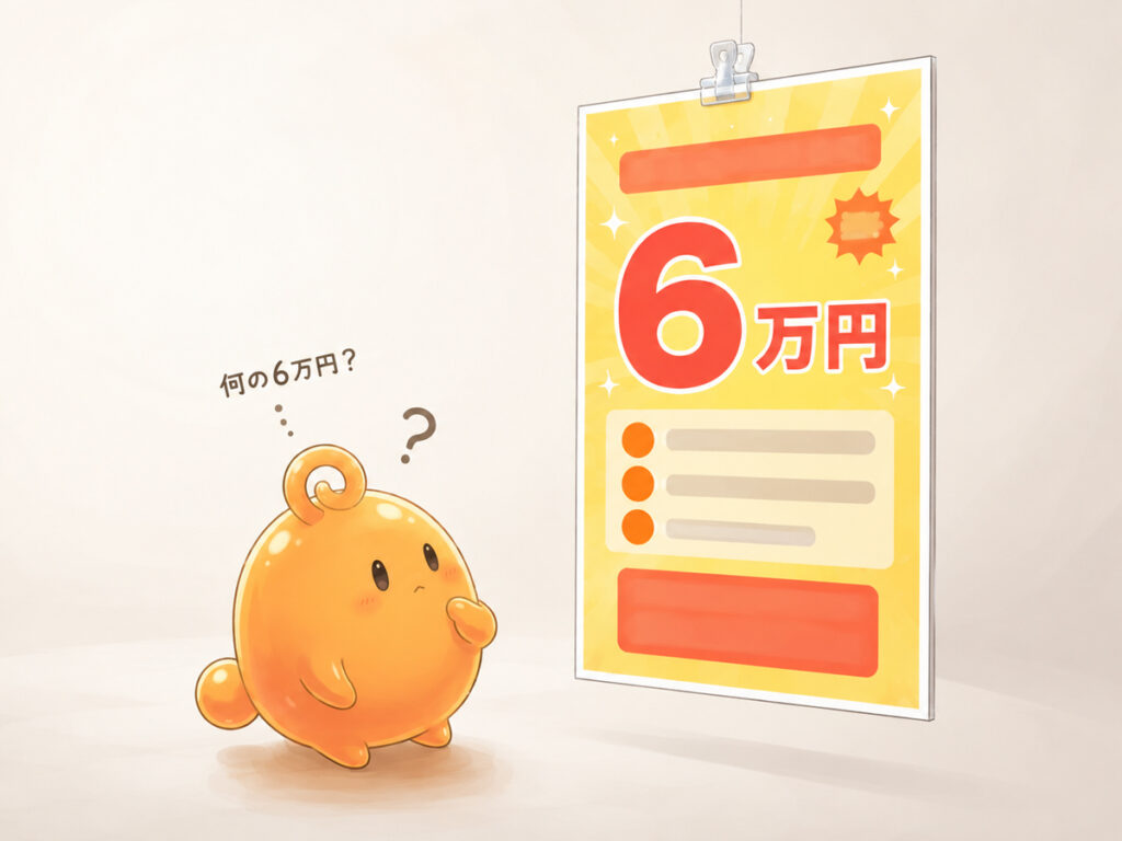 6万円という数字は目立つが何の案内か分かりにくいPOPデザインのイメージ