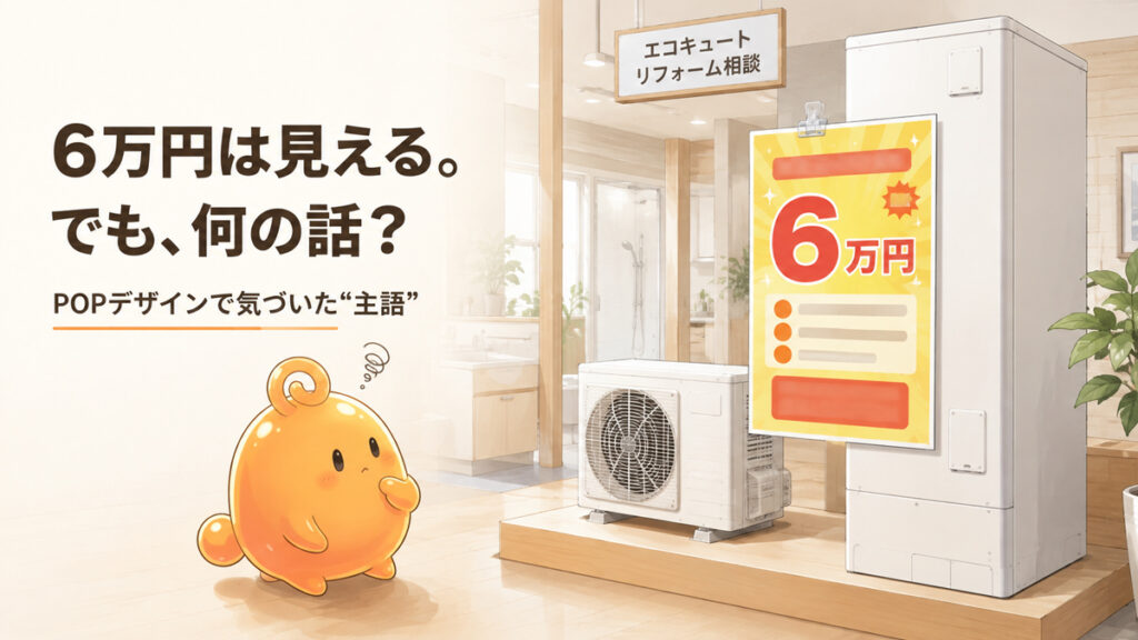 エコキュート売り場のPOPを見て「何の6万円か」を考えるのりてらスライム