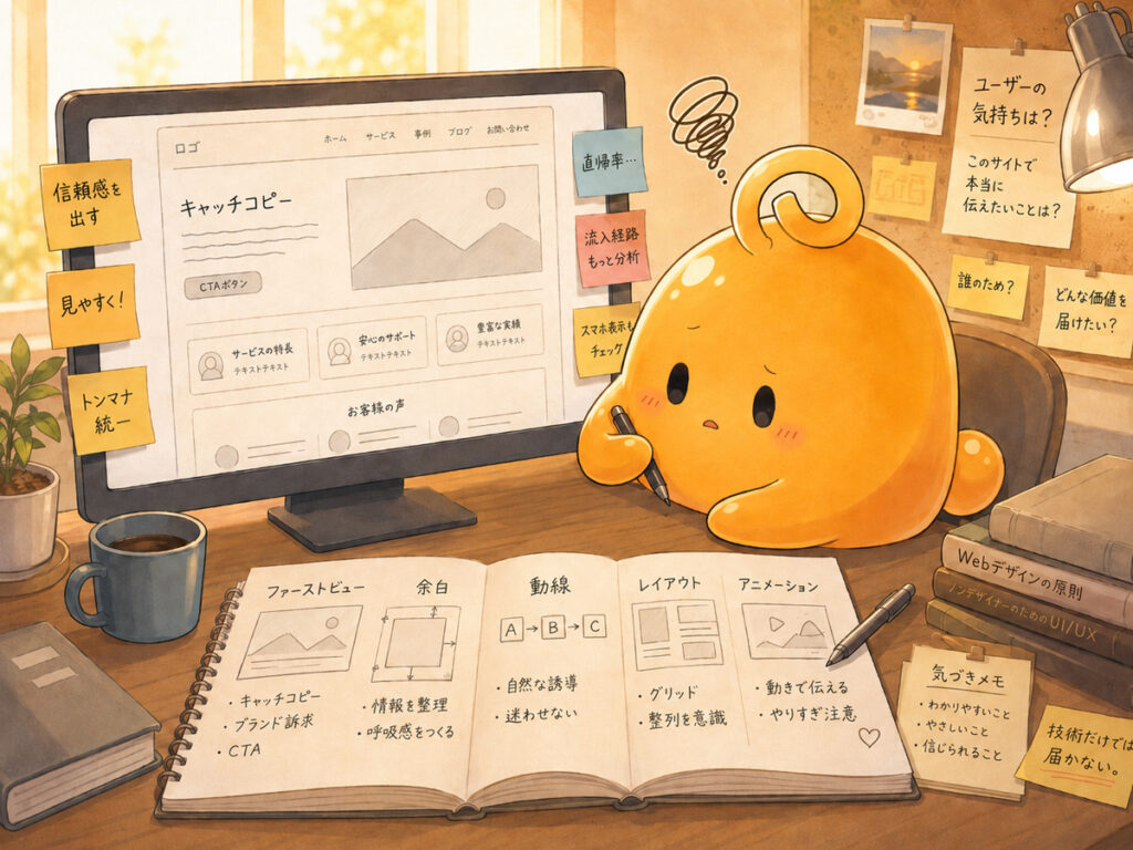 ファーストビューや余白、動線などWebサイトの画面構成を分析する様子