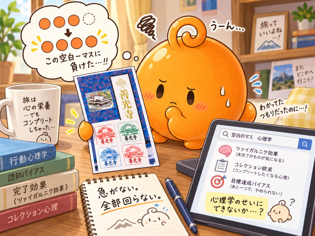 善光寺のスタンプ台紙を見ながら、空白一マスに負けた理由を心理学で調べるのりてらスライム