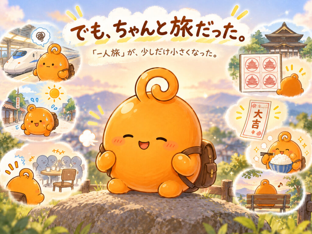初めての一人旅を振り返り、善光寺や暑さ、大吉のおみくじなど1日目の思い出に囲まれるのりてらスライム